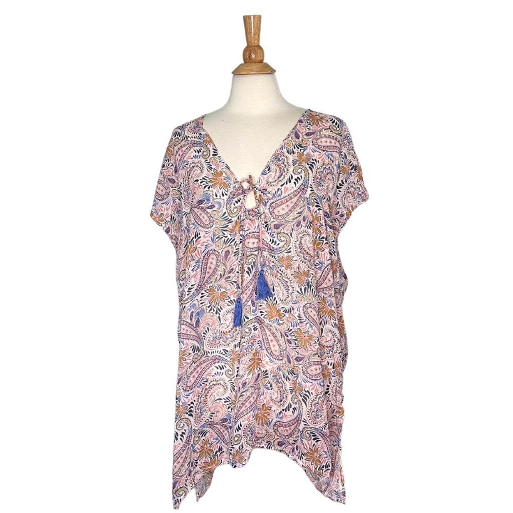 Kona Sol Lightweight Sheer Bathing Suit Cover Up Boho Floral Mini Dress L24